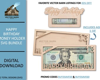 Paquete SVG de porta billetes de cumpleaños cortados con láser (de 1 a 18 años) (descarga digital)