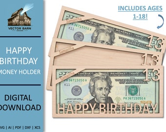 Archivos SVG cortados con láser para portamonedas de cumpleaños personalizados (de 1 a 18 años)