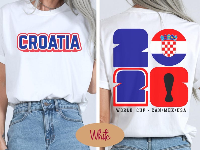 May include: White t-shirt with the word "CROATIA" in blue and red lettering. The back of the shirt features the number "26" in blue and red, with the Croatian flag and the text "WORLD CUP CAN MEX USA".