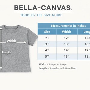 May include: A gray toddler tee shirt with a size guide. The guide shows measurements in inches for sizes 2T to 5T. Width is measured armpit to armpit, and length is shoulder to bottom hem.