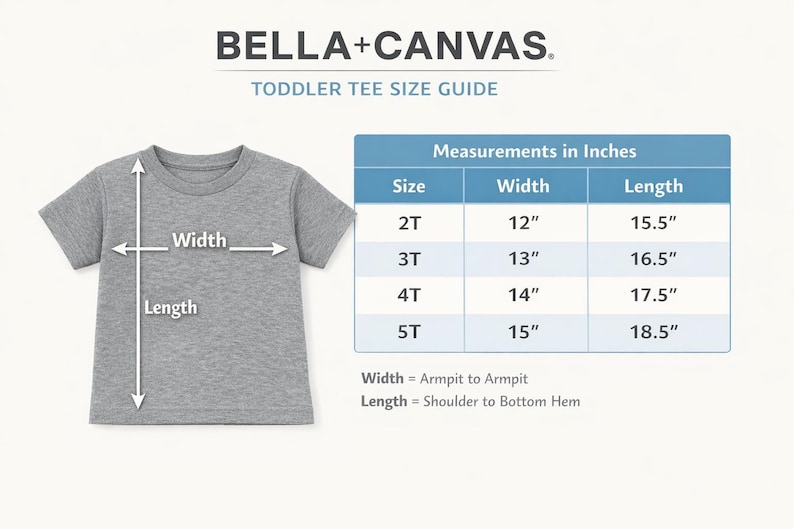 May include: A gray toddler tee shirt with a size guide. The guide shows measurements in inches for sizes 2T to 5T. Width is measured armpit to armpit, and length is shoulder to bottom hem.