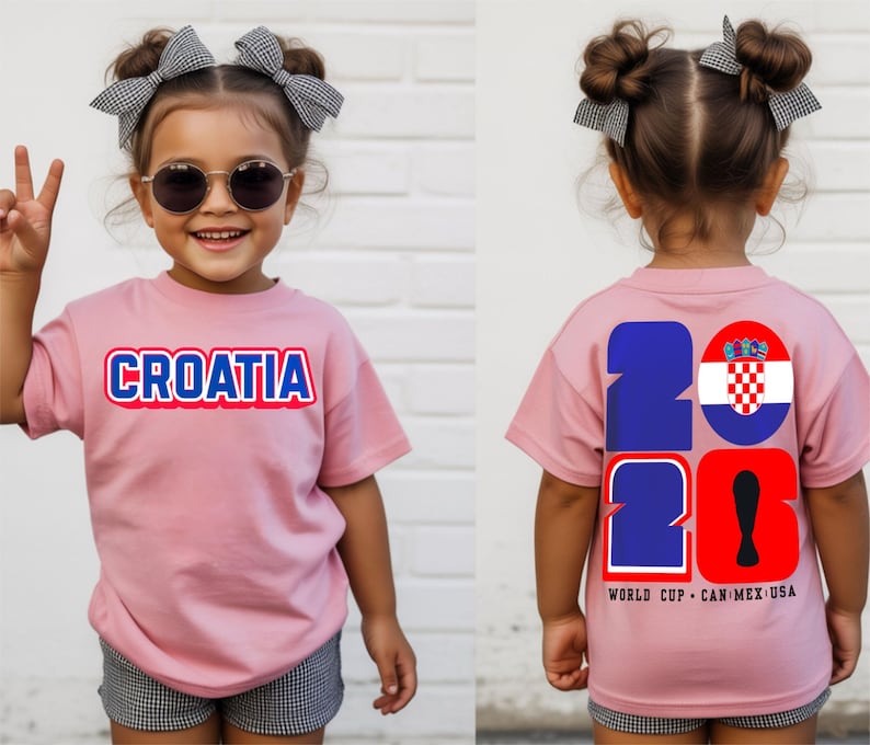 May include: A pink t-shirt with the word "CROATIA" in blue and red lettering. The back of the shirt features the numbers "2026" with the Croatian flag and text "WORLD CUP - CAN MEX USA". The child is wearing sunglasses and a bow.