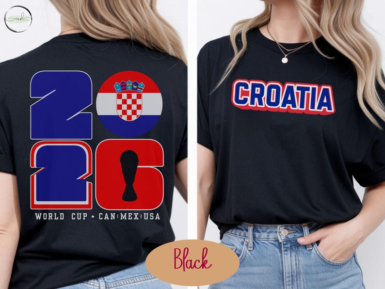 May include: Black t-shirts with Croatia-themed designs. One shirt features "CROATIA" in red and blue lettering. The other displays "2026" in blue and red, with a Croatian flag graphic and "WORLD CUP CAN MEX USA" text.