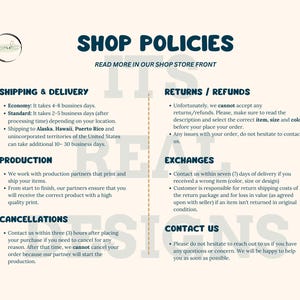 May include: Cream-colored graphic with the text "SHOP POLICIES" in blue. The image details shipping, returns, exchanges, and contact information. The text is easy to read and provides essential shop details.