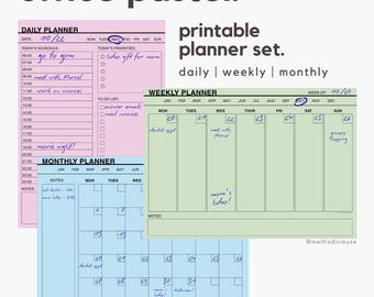 Set di planner da ufficio pastello: giornaliero, settimanale, mensile retrò minimalista (PDF + PNG)