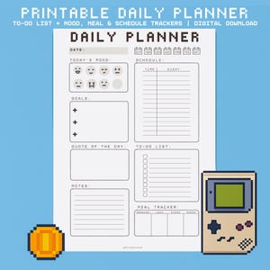 Pixel Pop Daily Planner – Minimalista Retro 8-Bit para impressão em PDF (Humor, Refeição, Agenda + Rastreador de Tarefas) A4 e Carta EUA