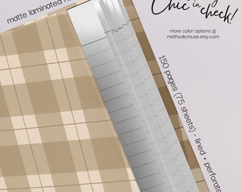 Diario con copertina rigida - Quaderno a righe e perforato per studio, lavoro, diario, regali - Chic Check - Marrone chiaro