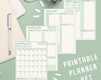 Set di planner stampabili Scholar Green: giornaliero, settimanale, mensile (PDF e PNG)