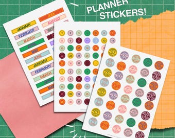 Adesivi stampabili per planner – Set di adesivi con calendario e promemoria a blocchi di colore retrò (mesi, date, cose da fare, avvisi)