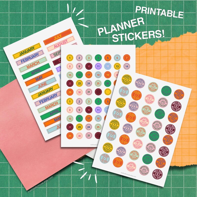 Printable Planner Stickers – Retro Color Block Calendar & Reminder ...