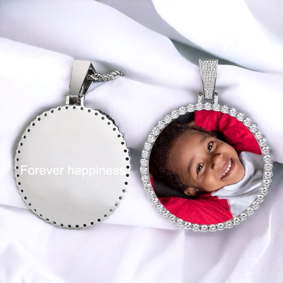 Personalized Diamond Studded Photo Necklace Custom Photo Necklace Hip Hop Photo Pendant Iced Custom Round Photo Pendant Memorial Gift