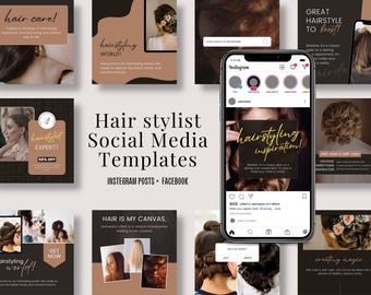 May include: A collection of social media templates for hair stylists. The templates feature images of women with different hairstyles and text that says "Hair stylist Social Media Templates" and "Instagram Posts + Facebook".