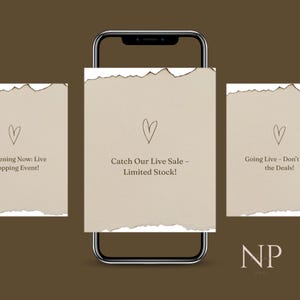 Könnte beinhalten: Ein Smartphone-Bildschirm zeigt drei Social-Media-Beiträge mit einem Herz-Symbol und Text über einen Live-Verkauf. Der Text lautet "Catch Our Live Sale - Limited Stock!"  "Going Live - Don't Miss the Deals!" und "Opening Now: Live Shopping Event!"