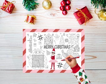Elf Placemat Activity Sheet Coloring Digital Printable Instant Download christmas  Kids Page Party Holiday