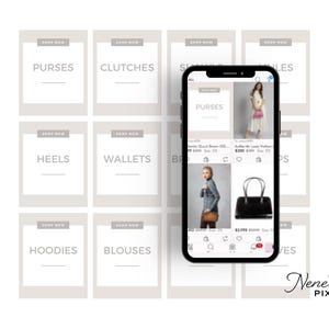 Könnte beinhalten: Ein Telefonbildschirm, der ein Social-Media-Raster mit neun Quadraten anzeigt. Jedes Quadrat zeigt eine andere Produktkategorie, darunter Handtaschen, Clutches, Absätze, Geldbörsen, Hoodies, Blusen und mehr. Der Text "Shop Now" erscheint in jedem Quadrat. Der Telefonbildschirm zeigt auch eine Nahaufnahme einer braunen Ledertasche mit einer goldenen Kettenkette.