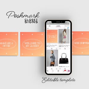 Könnte beinhalten: Ein Screenshot der Poshmark-App, der eine Vorlage für ein Kleiderschrank-Schild zeigt. Die Vorlage hat einen Pfirsich-Farbverlaufshintergrund mit weißem Text. Der Text lautet "Willkommen in meinem Kleiderschrank", "Mach mir ein Angebot" und "Kostenloser Versand".