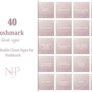 Könnte beinhalten: Ein Satz von 40 editierbaren Schrank-Schildern für Poshmark. Die Schilder sind rosa mit weißem Text und zeigen verschiedene Sätze, die mit dem Verkauf auf Poshmark zu tun haben, wie z. B. "Beauty Products", "Free Shipping", "Willkommen in meinem Kleiderschrank" und "Rabatte auf Bundles".