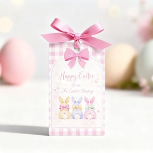 May include: A pink and white gingham Easter gift tag with a pink bow and ribbon. The tag features the text "Happy Easter, Love, The Easter Bunny" and illustrations of three pastel-coloured bunnies.