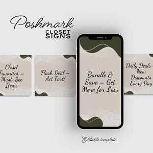 Könnte beinhalten: Vier Social-Media-Post-Vorlagen für einen Poshmark-Schrank. Die Vorlagen haben einen beigefarbenen Hintergrund mit braunen abstrakten Formen und Text, der lautet: "Closet Favorites - Must-See Items", "Flash Deal - Act Fast!", "Bundle & Save - Get More for Less" und "Daily Deals - New Discounts Every Day".