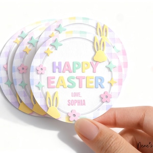Pegatinas de conejitos de Pascua en tonos pastel, etiquetas de nombre editables (descarga digital)