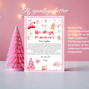 Puede incluir: Una carta rosa con temática navideña con el texto "Elf goodbye letter" y "Goodbye I'll miss you!" junto a un árbol de Navidad rosa. La carta está decorada con ilustraciones navideñas.
