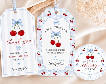 Set di etichette per bomboniere a tema ciliegia per addio al nubilato, etichette per matrimonio Coquette Cherry, set di etichette regalo e adesivi a tema ciliegia blu, stampabili per festa di addio al nubilato.
