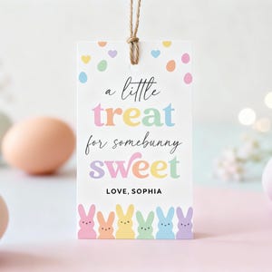 以下が含まれることがあります： 紐付きの白いギフトタグ。パステルカラーで「a little treat for somebunny sweet」と書かれています。ウサギのイラストと「Sophia」の名前入り。背景にはカラフルな卵の飾りがあります。