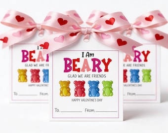 Biglietti di San Valentino con orsetti gommosi / Sono molto felice (stampabile) / Biglietti di San Valentino per la classe dei bambini / Download immediato