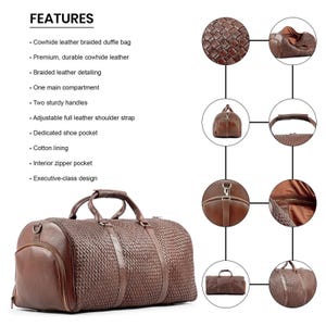 May include: A brown leather duffle bag with a braided design. The bag has a zippered pocket, a shoe pocket, and a shoulder strap. The bag is shown from multiple angles.