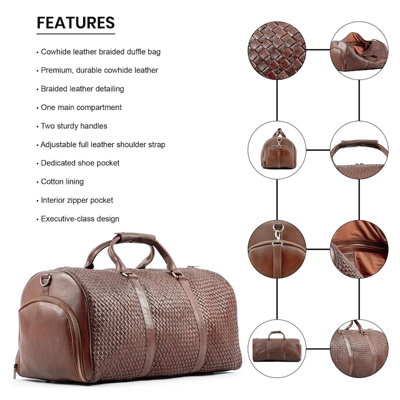 May include: A brown leather duffle bag with a braided design. The bag has a zippered pocket, a shoe pocket, and a shoulder strap. The bag is shown from multiple angles.