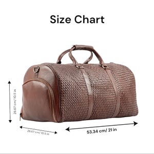 May include: Brown leather woven duffel bag with a zippered pocket on the side. The bag measures 21 inches wide, 10.5 inches tall, and 10.5 inches deep.