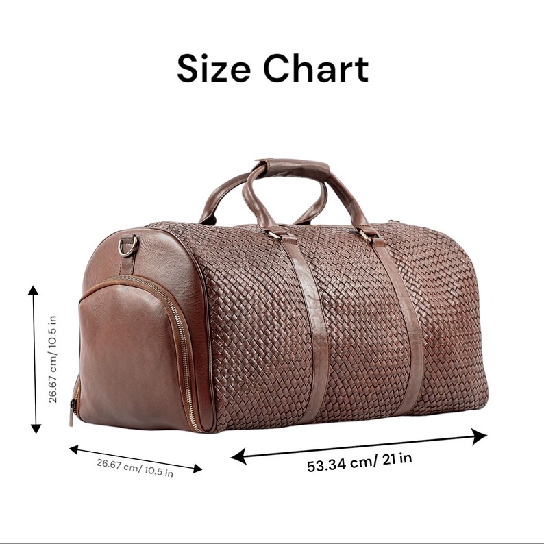 May include: Brown leather woven duffel bag with a zippered pocket on the side. The bag measures 21 inches wide, 10.5 inches tall, and 10.5 inches deep.