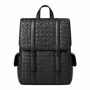 May include: A black backpack featuring a woven leather pattern across the main body and flap. The bag includes two vertical leather straps with buckle-style closures, a top handle, and two side pockets, all rendered in a uniform matte black finish.