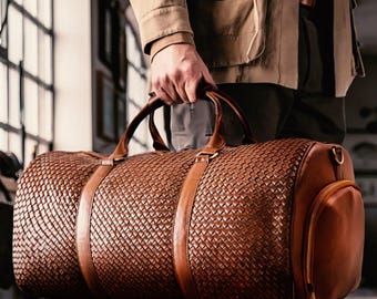 Handcrafted Tan/Brown Leather Duffle Bag - Vintage-Inspired Travel Weekender