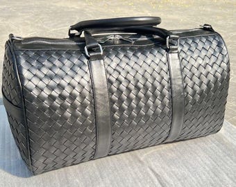Leather Duffel Bag, Handwoven Luxury Travel Bag, Personalized