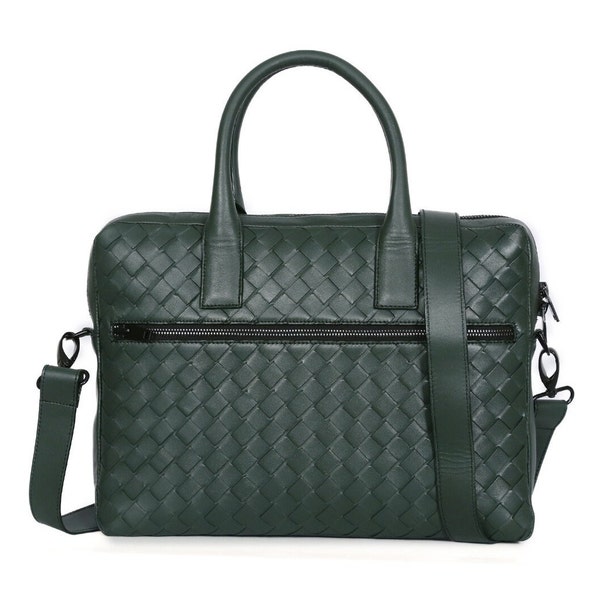 Woven/Braided/Intrecciato Leather Laptop Bag Briefcase for Files | Padded 14-inch, Organizer.