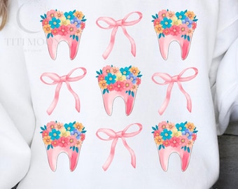 Blumenzahn PNG, Zahnarzthelferin Sublimation, Kokette Denim Shirt Png, Zahnarzt Png, digitale Sublimationsgrafik, niedliche Zähne rosa Schleife