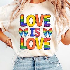 Rainbow Love is Love, Roupas coloridas LGBTQ Ally, Orgulho Amor Png, Design Mês do Orgulho Png, Gay Queer Lésbica Png, Coquette Arco-íris Laço Png