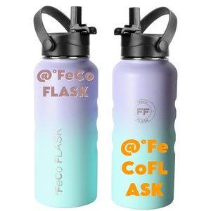 May include: Two stainless steel water bottles with a gradient color design. The bottles are light blue and purple. The bottles have a black lid with a straw and a black handle. The text '@FeCo FLASK' is printed on the bottles in pink and orange.