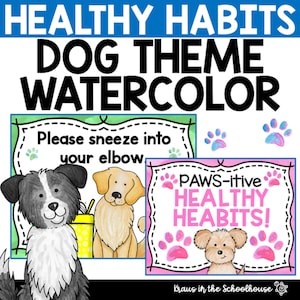 Healthy Habits Posters for Bulletin Boards | Dog Theme Decor | Classroom Decor | Bathroom Posters | Bathroom Decor | Dog Watercolor Theme