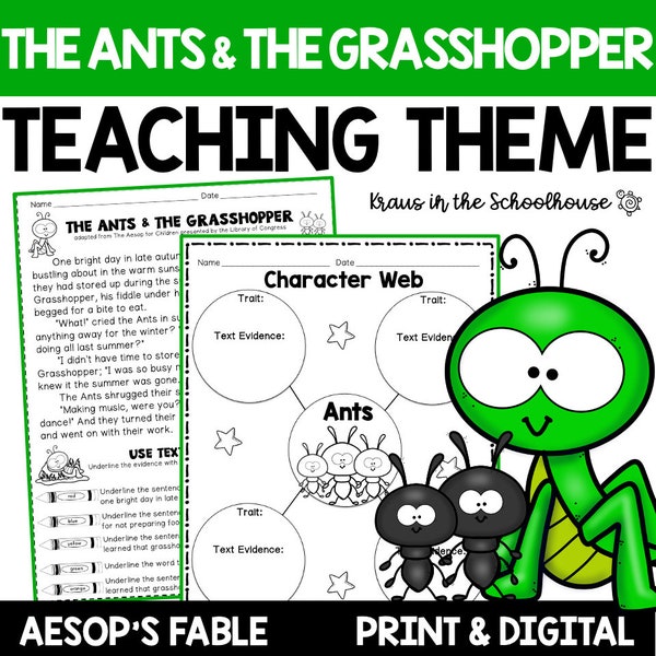 The Ants and the Grasshopper Printables | Aesop's Fables Printables | Teaching Theme Activity Sheets | Fables Worksheets | Reading Fables