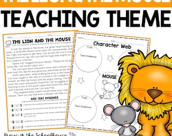 May include: Black and white printable worksheet for teaching the Aesop's fable "The Lion and the Mouse". The worksheet features a character web with two circles for the lion and the mouse. The text "The Lion and the Mouse" is at the top of the page. The text "Character Web" is at the top of the worksheet. The text "Trait" and "Text Evidence" are in the circles.