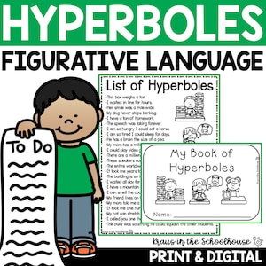 Puede incluir: Hojas de trabajo imprimibles en blanco y negro para enseñar lenguaje figurativo, específicamente la hipérbole. Las hojas de trabajo presentan a un niño de dibujos animados sosteniendo una lista de tareas, una lista de ejemplos de hipérboles y una plantilla de "Mi libro de hipérboles" con una línea de nombre. El texto "Kraus in the Schoolhouse PRINT & DIGITAL" está en la parte inferior de la página.
