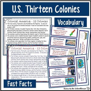 May include: A colorful educational chart about the 13 colonies of the United States. The chart includes text and illustrations about the history of the colonies, including the Mayflower Compact, Jamestown, and the Pilgrims. The chart also includes vocabulary words related to the colonies, such as "colonies", "export", and "import".