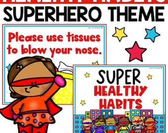 Healthy Habits Posters for Bulletin Boards | Superhero Theme Decor | Superhero Decorations | Classroom Decor| Bathroom Decor