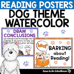 May include: Two watercolor-style reading posters featuring dogs. The first poster has a white dog with the text "Draw Conclusions" and instructions to use background knowledge and details in the story to help you understand what will happen. The second poster has a bulldog and a white dog reading a book with the text "Woof Barking about Reading!"