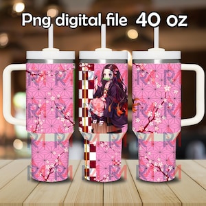 May include: Three 40 ounce stainless steel tumblers with a pink and white floral pattern. The center tumbler features a character from the anime Demon Slayer. The text "Png digital file 40 oz" is at the top of the image.