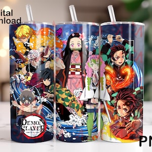 May include: Three colorful Demon Slayer themed sublimation designs for 20 oz tumblers. The designs feature characters from the anime series, including Tanjiro, Nezuko, Zenitsu, and Inosuke. The designs are vibrant and colorful, with a variety of characters and scenes.