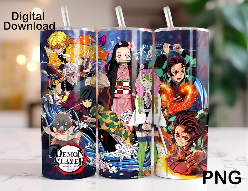 May include: Three colorful Demon Slayer themed sublimation designs for 20 oz tumblers. The designs feature characters from the anime series, including Tanjiro, Nezuko, Zenitsu, and Inosuke. The designs are vibrant and colorful, with a variety of characters and scenes.