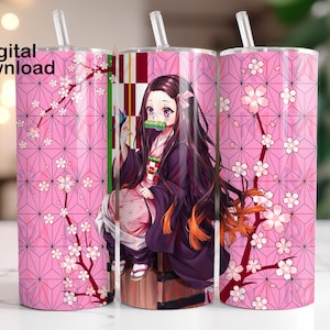 May include: Pink and white tumbler with a floral design and a cartoon anime character with long black hair and a pink and white outfit. The character is holding a pink flower.